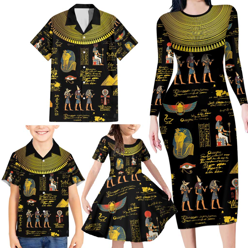 Ancient Egypt and Hieroglyphs Family Matching Long Sleeve Bodycon Dress and Hawaiian Shirt LT9 - Wonder Print Shop