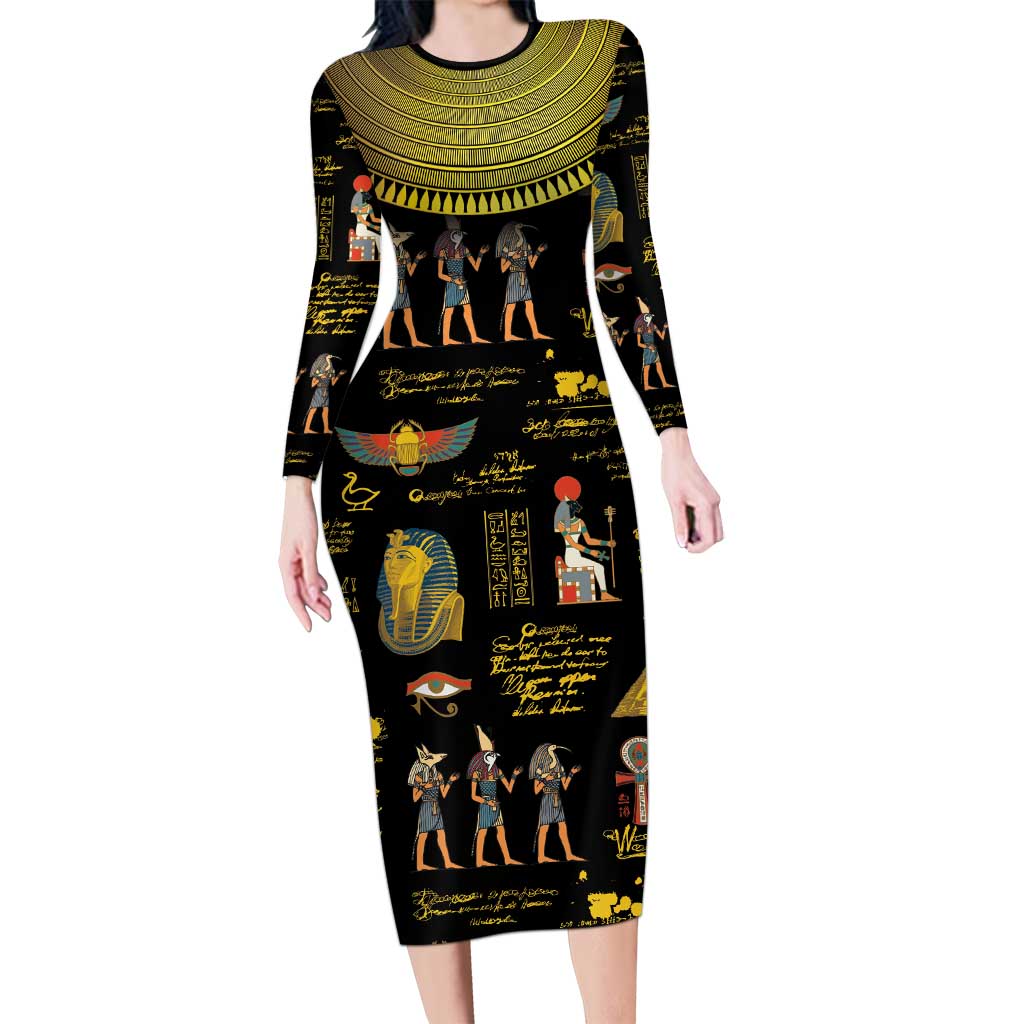 Ancient Egypt and Hieroglyphs Family Matching Long Sleeve Bodycon Dress and Hawaiian Shirt LT9 - Wonder Print Shop