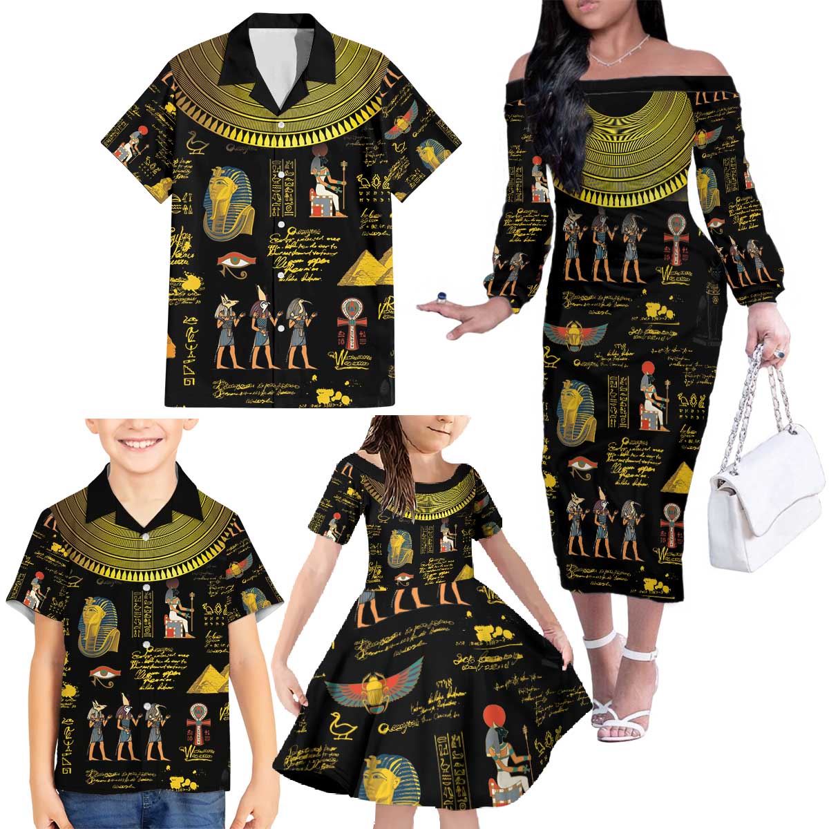 Ancient Egypt and Hieroglyphs Family Matching Off The Shoulder Long Sleeve Dress and Hawaiian Shirt - Wonder Print Shop