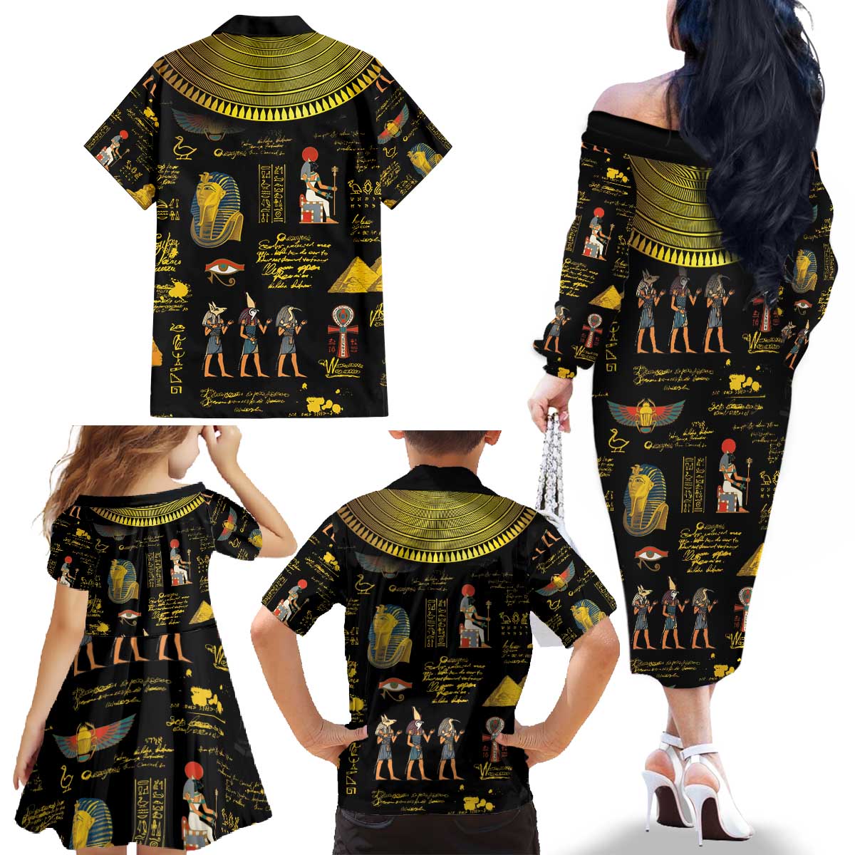 Ancient Egypt and Hieroglyphs Family Matching Off The Shoulder Long Sleeve Dress and Hawaiian Shirt - Wonder Print Shop