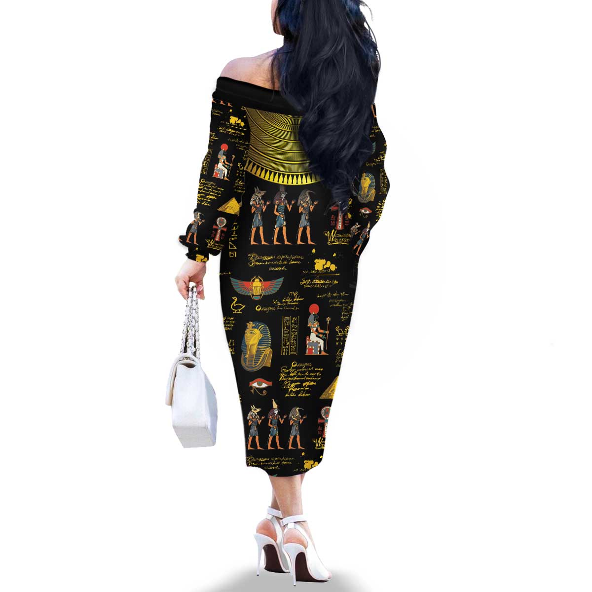 Ancient Egypt and Hieroglyphs Family Matching Off The Shoulder Long Sleeve Dress and Hawaiian Shirt - Wonder Print Shop