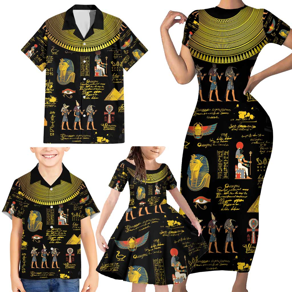 Ancient Egypt and Hieroglyphs Family Matching Short Sleeve Bodycon Dress and Hawaiian Shirt - Wonder Print Shop