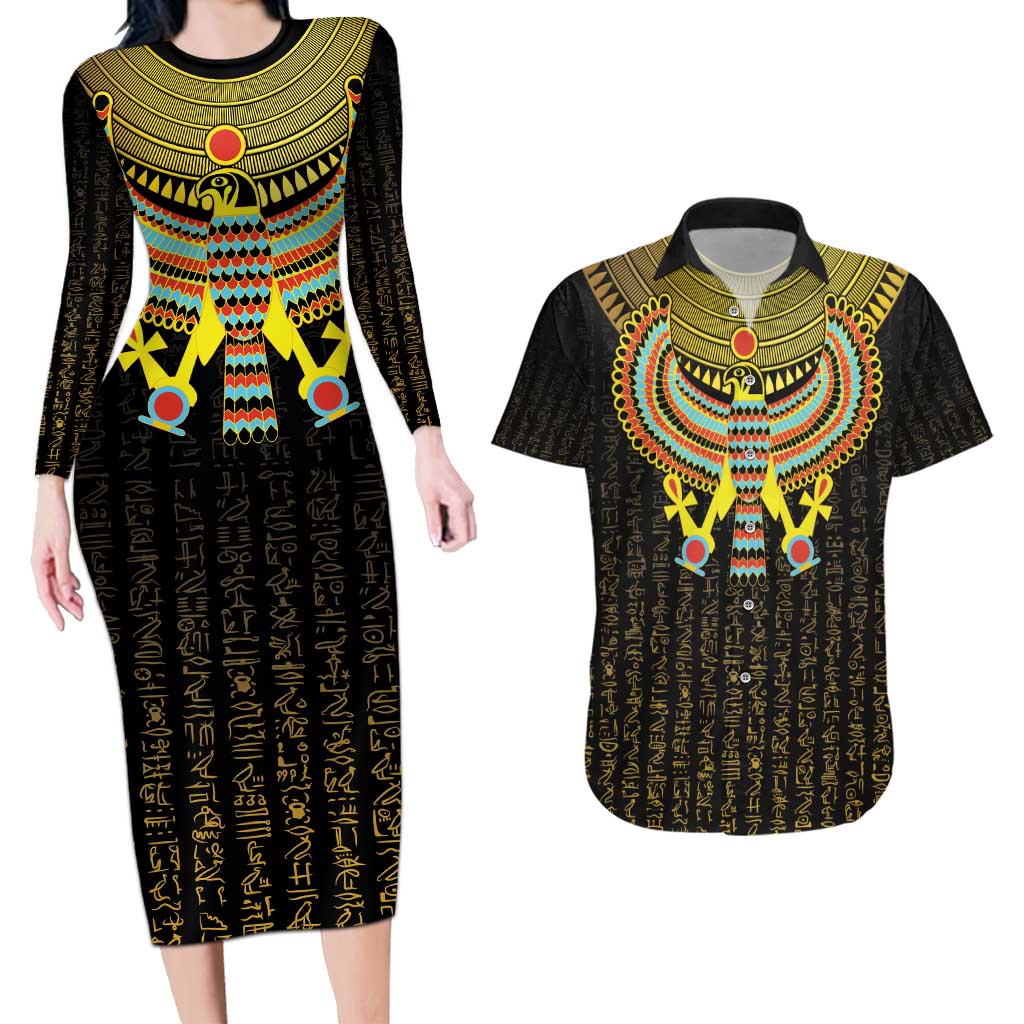 Ancient Egyptian Couples Matching Long Sleeve Bodycon Dress and Hawaiian Shirt Symbol of Horus The Falcon God LT9 - Wonder Print Shop