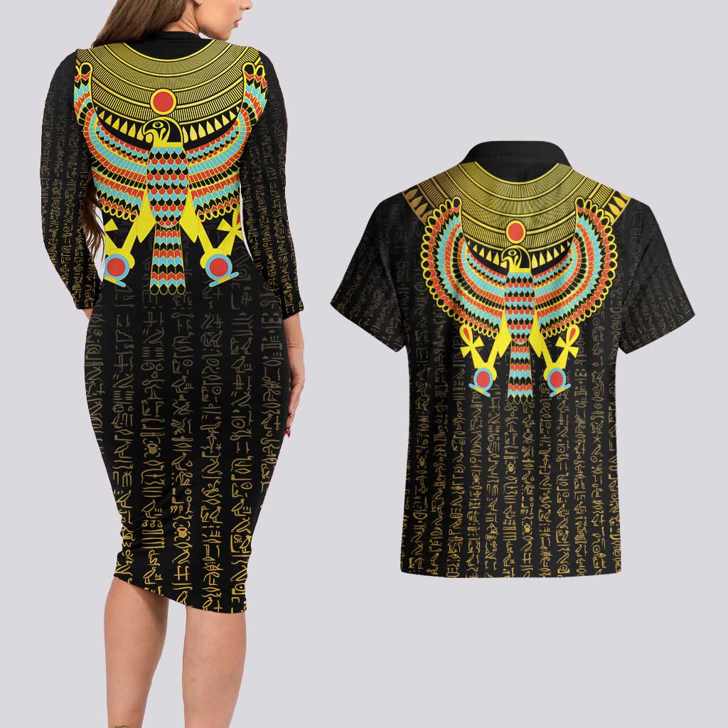 Ancient Egyptian Couples Matching Long Sleeve Bodycon Dress and Hawaiian Shirt Symbol of Horus The Falcon God LT9 - Wonder Print Shop