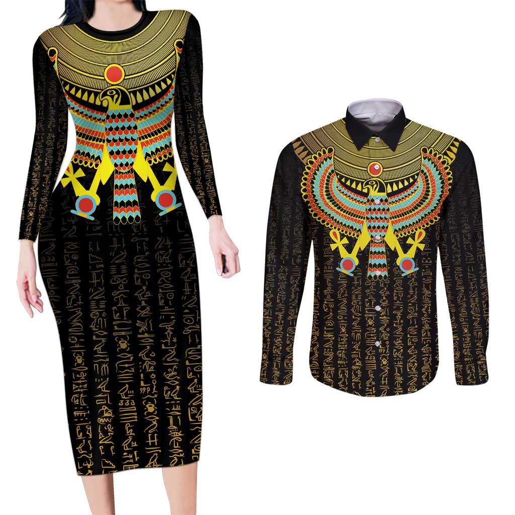 Ancient Egyptian Couples Matching Long Sleeve Bodycon Dress and Long Sleeve Button Shirt Symbol of Horus The Falcon God LT9 - Wonder Print Shop