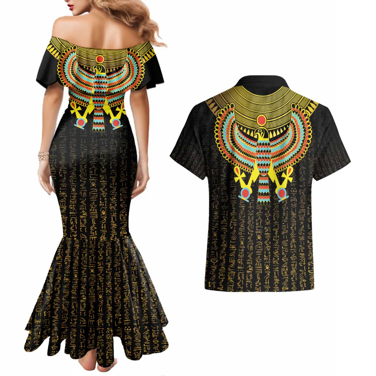 Ancient Egyptian Couples Matching Mermaid Dress and Hawaiian Shirt Symbol of Horus The Falcon God LT9 - Wonder Print Shop