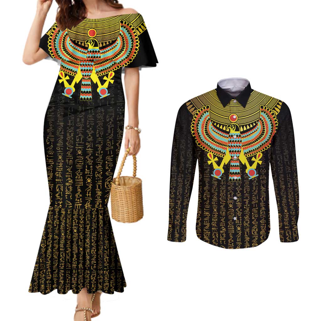 Ancient Egyptian Couples Matching Mermaid Dress and Long Sleeve Button Shirt Symbol of Horus The Falcon God
