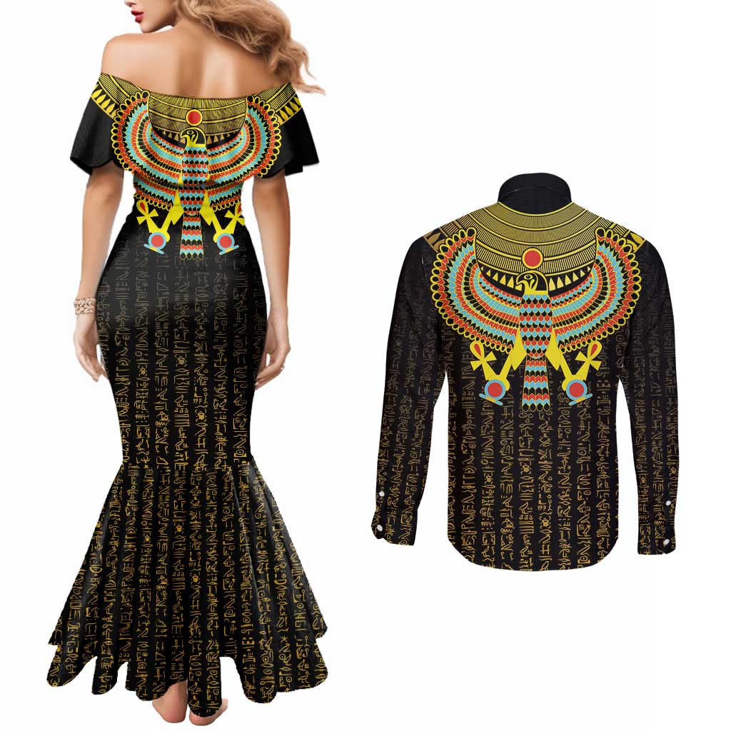 Ancient Egyptian Couples Matching Mermaid Dress and Long Sleeve Button Shirt Symbol of Horus The Falcon God