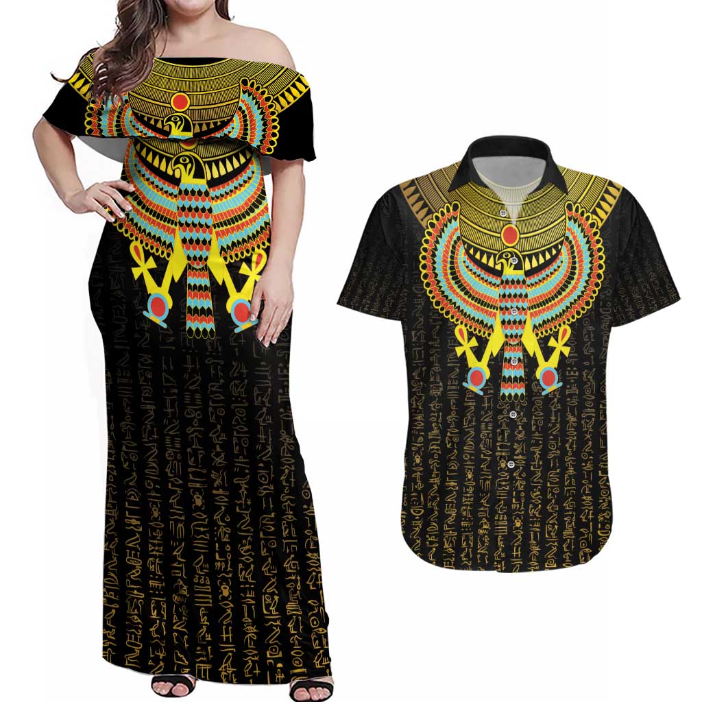 Ancient Egyptian Couples Matching Off Shoulder Maxi Dress and Hawaiian Shirt Symbol of Horus The Falcon God LT9 - Wonder Print Shop