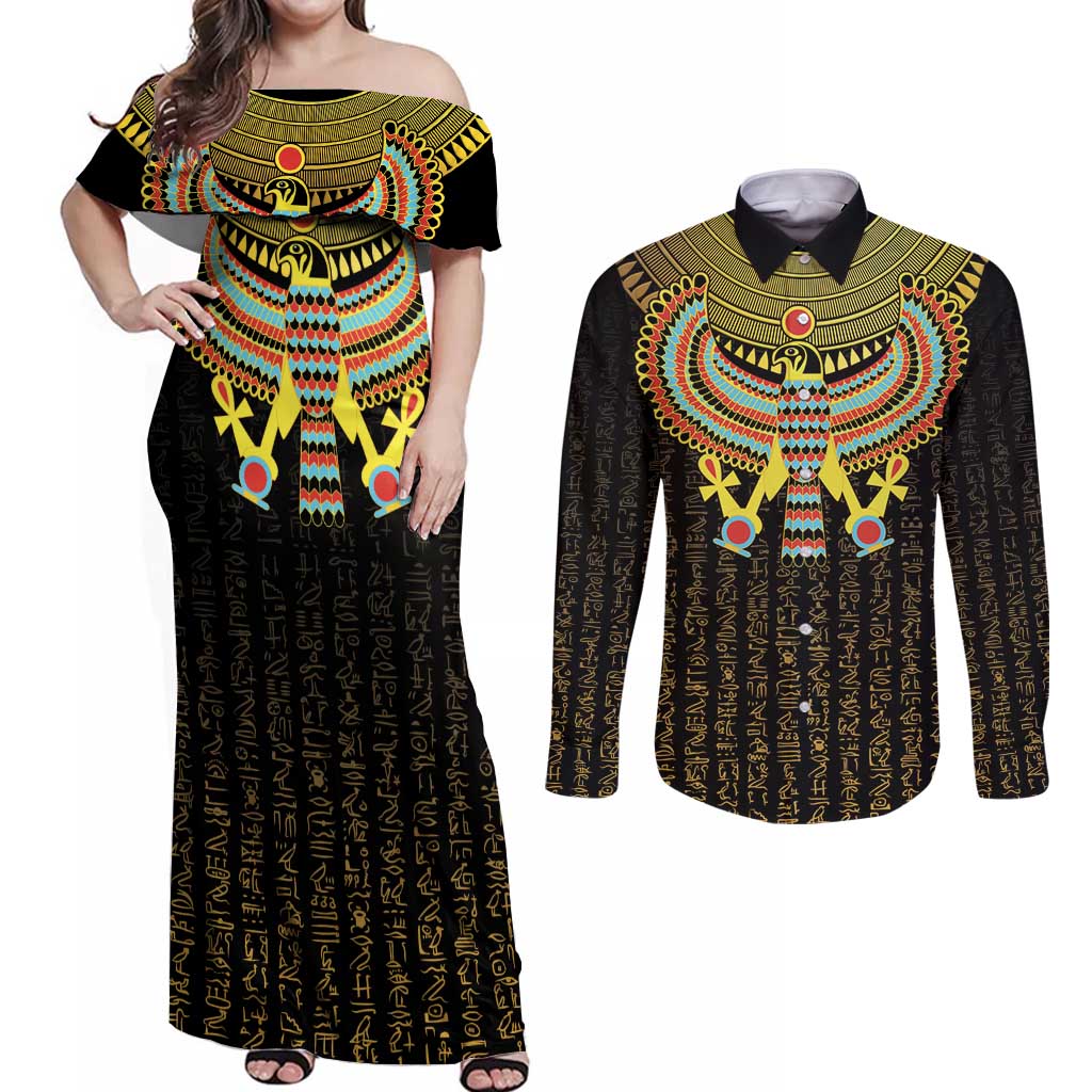 Ancient Egyptian Couples Matching Off Shoulder Maxi Dress and Long Sleeve Button Shirt Symbol of Horus The Falcon God LT9 - Wonder Print Shop