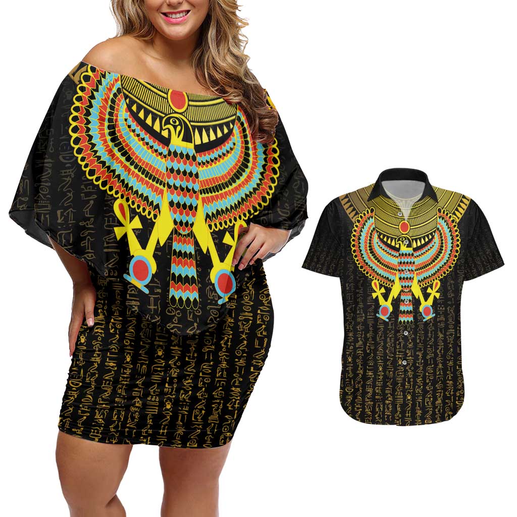 Ancient Egyptian Couples Matching Off Shoulder Short Dress and Hawaiian Shirt Symbol of Horus The Falcon God LT9 - Wonder Print Shop
