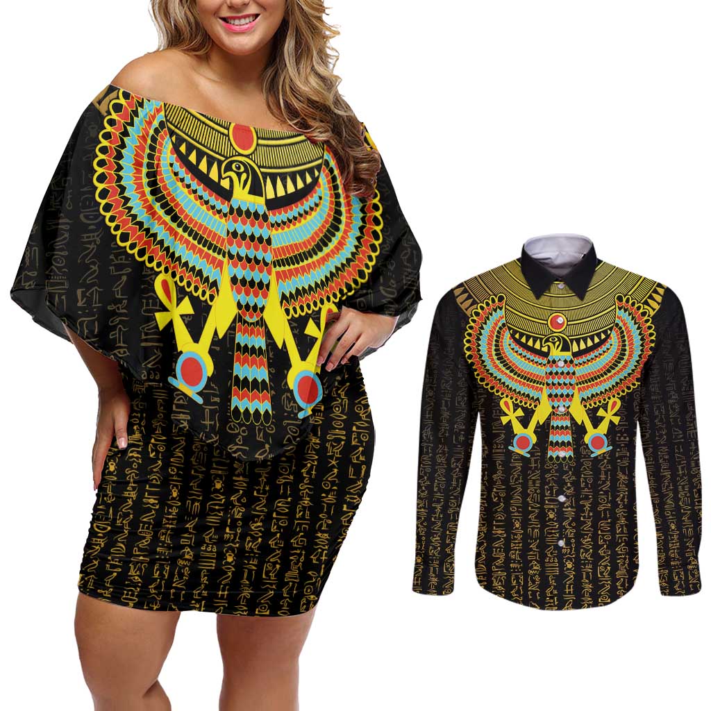 Ancient Egyptian Couples Matching Off Shoulder Short Dress and Long Sleeve Button Shirt Symbol of Horus The Falcon God LT9 - Wonder Print Shop