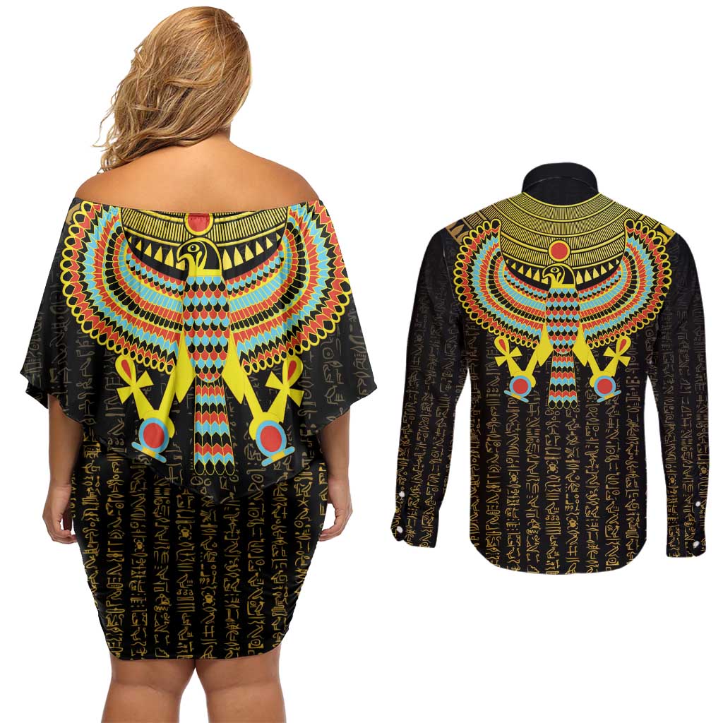 Ancient Egyptian Couples Matching Off Shoulder Short Dress and Long Sleeve Button Shirt Symbol of Horus The Falcon God LT9 - Wonder Print Shop