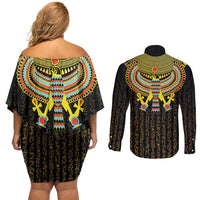 Ancient Egyptian Couples Matching Off Shoulder Short Dress and Long Sleeve Button Shirt Symbol of Horus The Falcon God LT9 - Wonder Print Shop