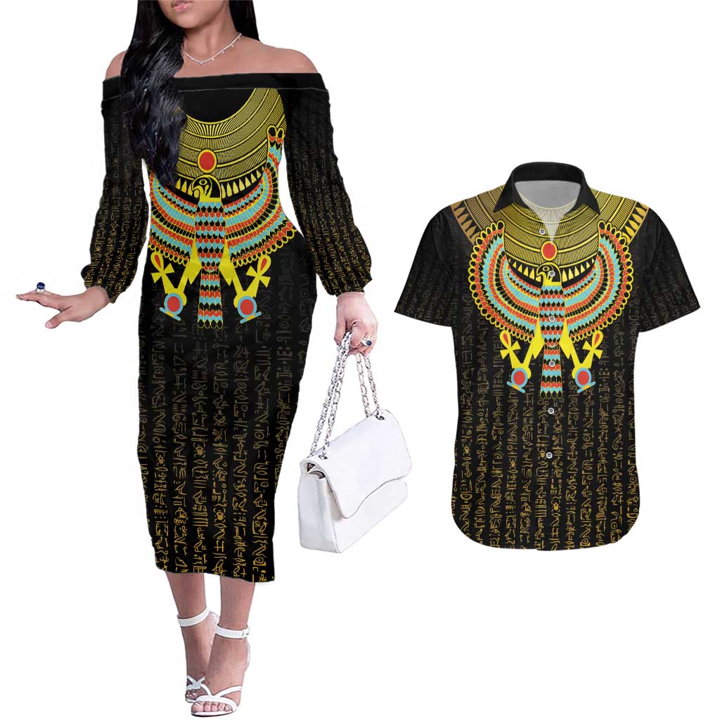 Ancient Egyptian Couples Matching Off The Shoulder Long Sleeve Dress and Hawaiian Shirt Symbol of Horus The Falcon God LT9 - Wonder Print Shop