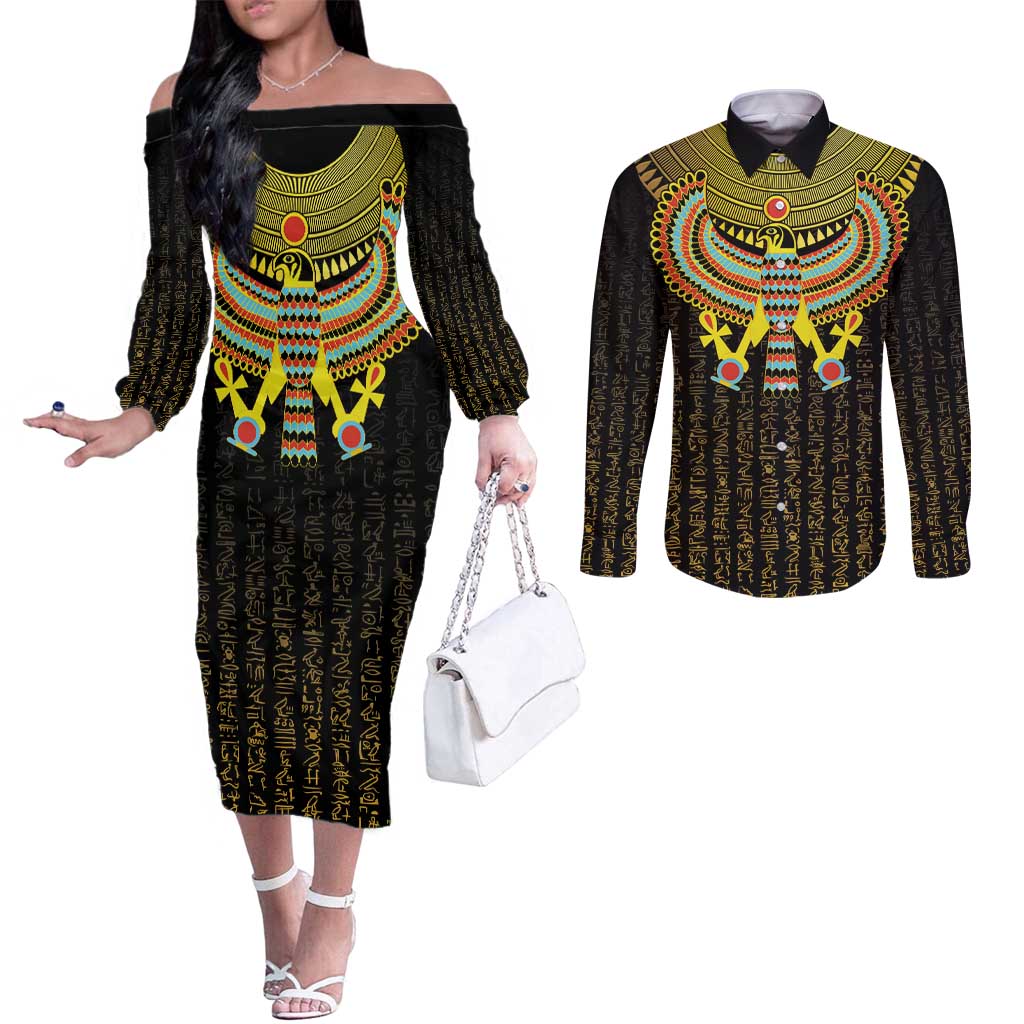 Ancient Egyptian Couples Matching Off The Shoulder Long Sleeve Dress and Long Sleeve Button Shirt Symbol of Horus The Falcon God