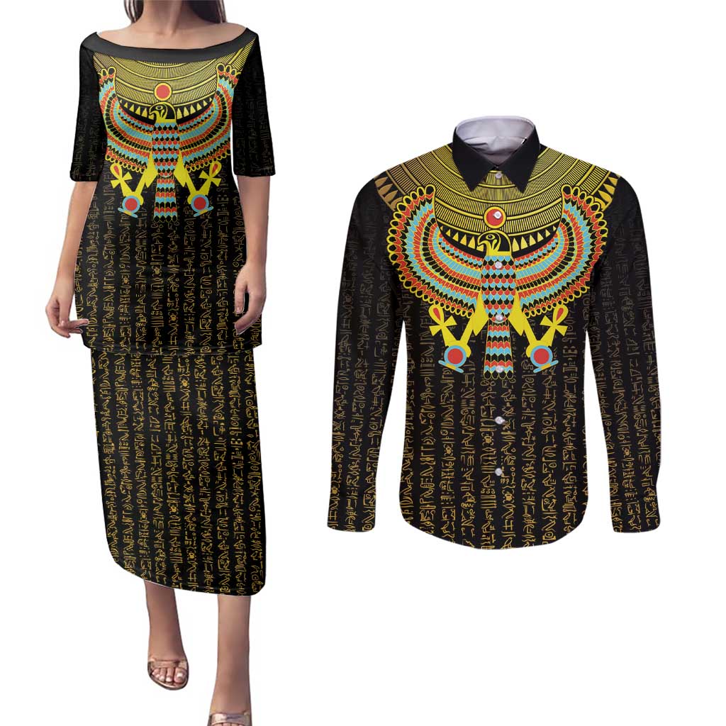 Ancient Egyptian Couples Matching Puletasi and Long Sleeve Button Shirt Symbol of Horus The Falcon God LT9 - Wonder Print Shop