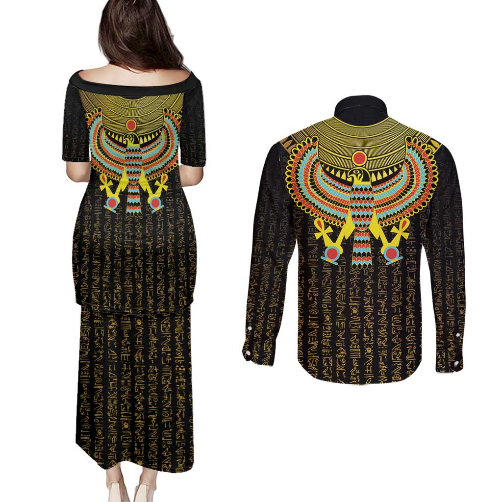 Ancient Egyptian Couples Matching Puletasi and Long Sleeve Button Shirt Symbol of Horus The Falcon God LT9 - Wonder Print Shop