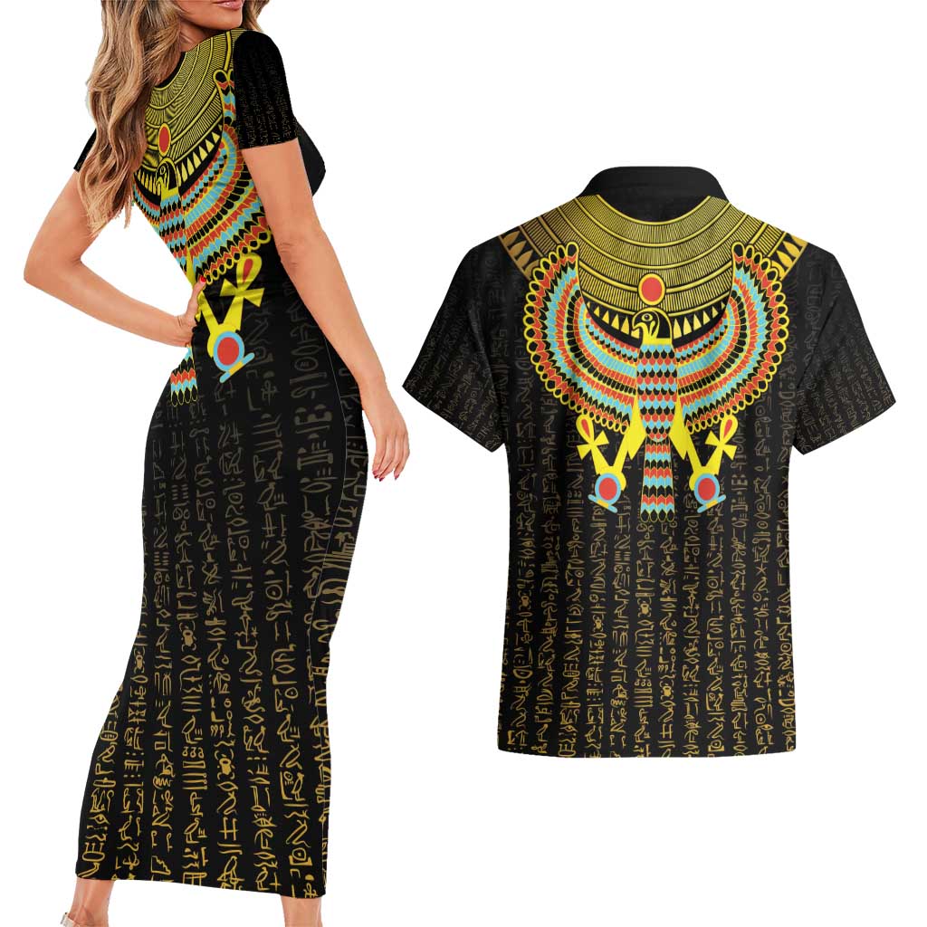Ancient Egyptian Couples Matching Short Sleeve Bodycon Dress and Hawaiian Shirt Symbol of Horus The Falcon God LT9 - Wonder Print Shop