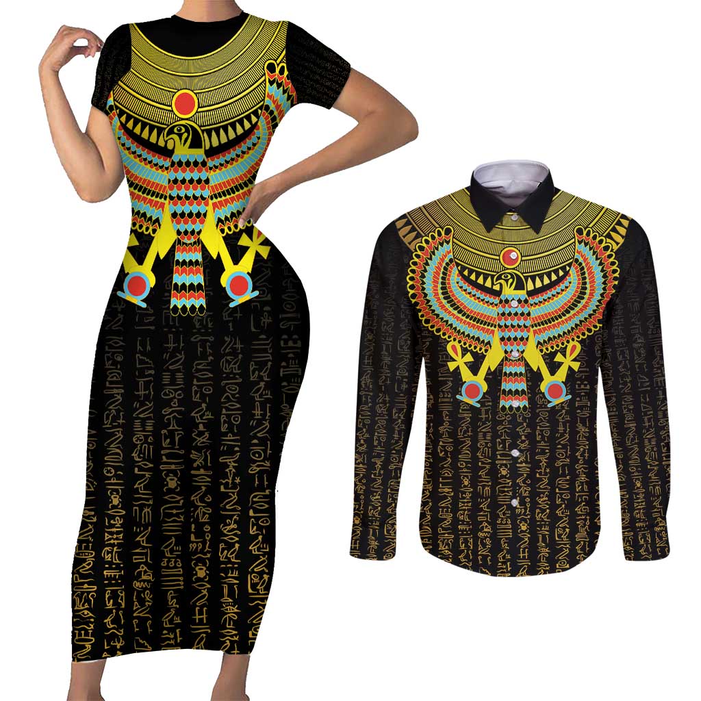 Ancient Egyptian Couples Matching Short Sleeve Bodycon Dress and Long Sleeve Button Shirt Symbol of Horus The Falcon God LT9 - Wonder Print Shop