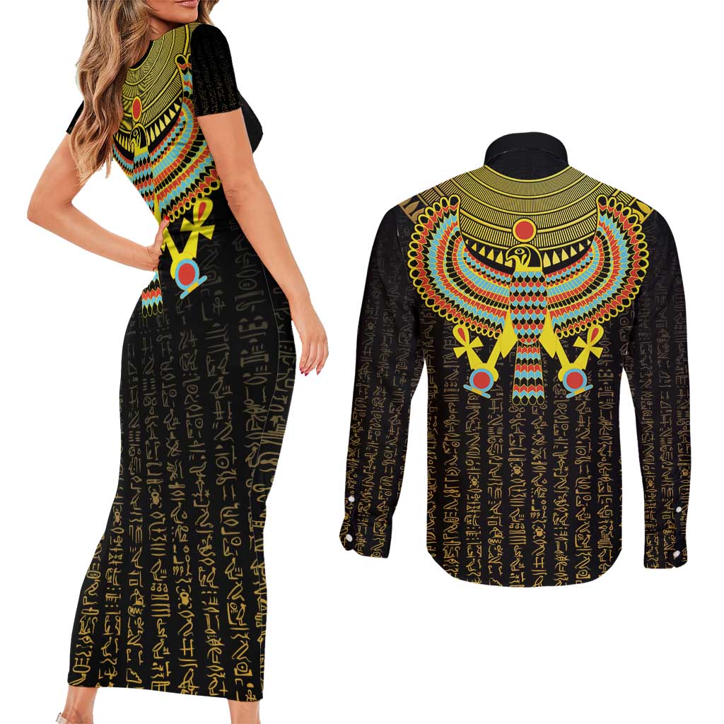 Ancient Egyptian Couples Matching Short Sleeve Bodycon Dress and Long Sleeve Button Shirt Symbol of Horus The Falcon God LT9 - Wonder Print Shop