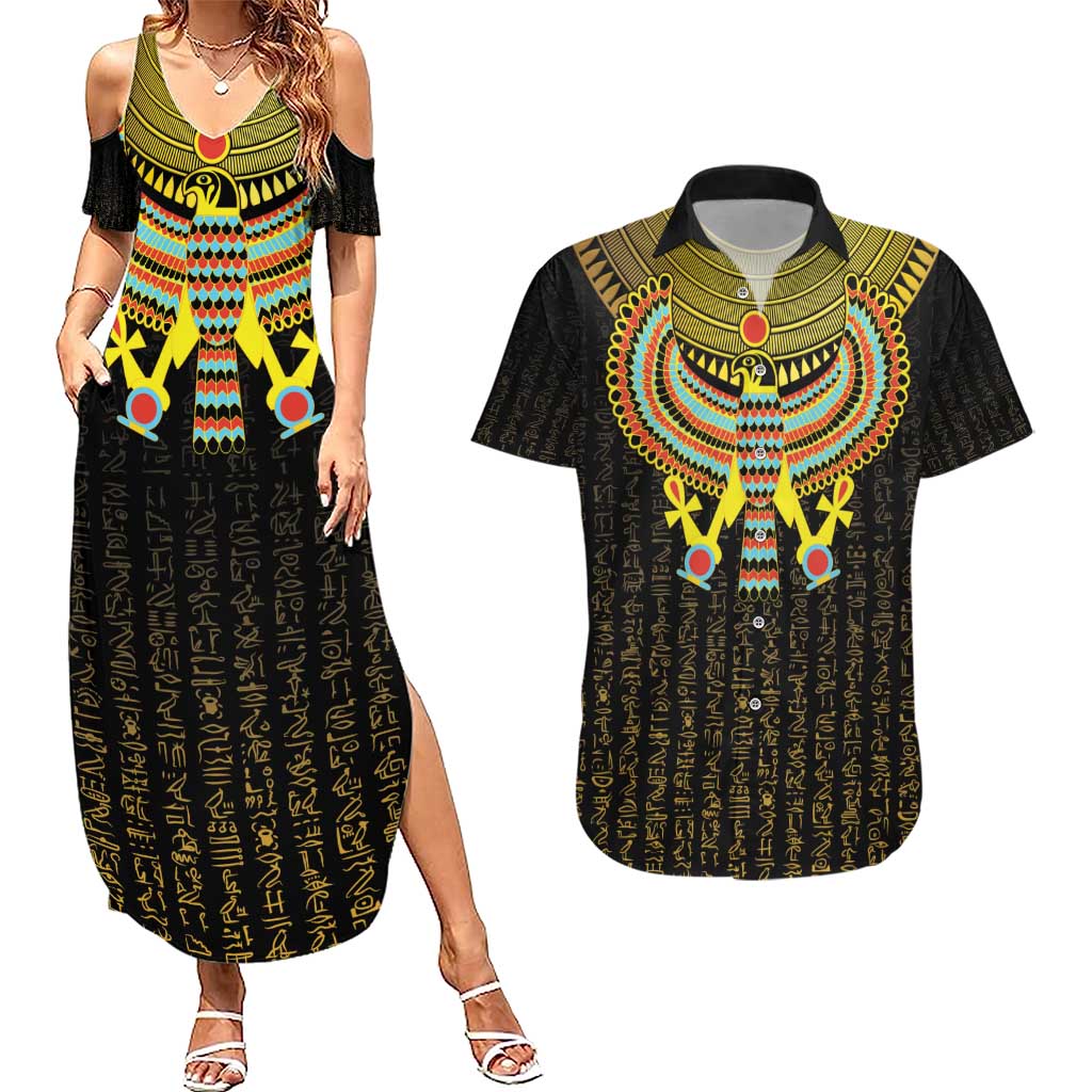Ancient Egyptian Couples Matching Summer Maxi Dress and Hawaiian Shirt Symbol of Horus The Falcon God LT9 - Wonder Print Shop