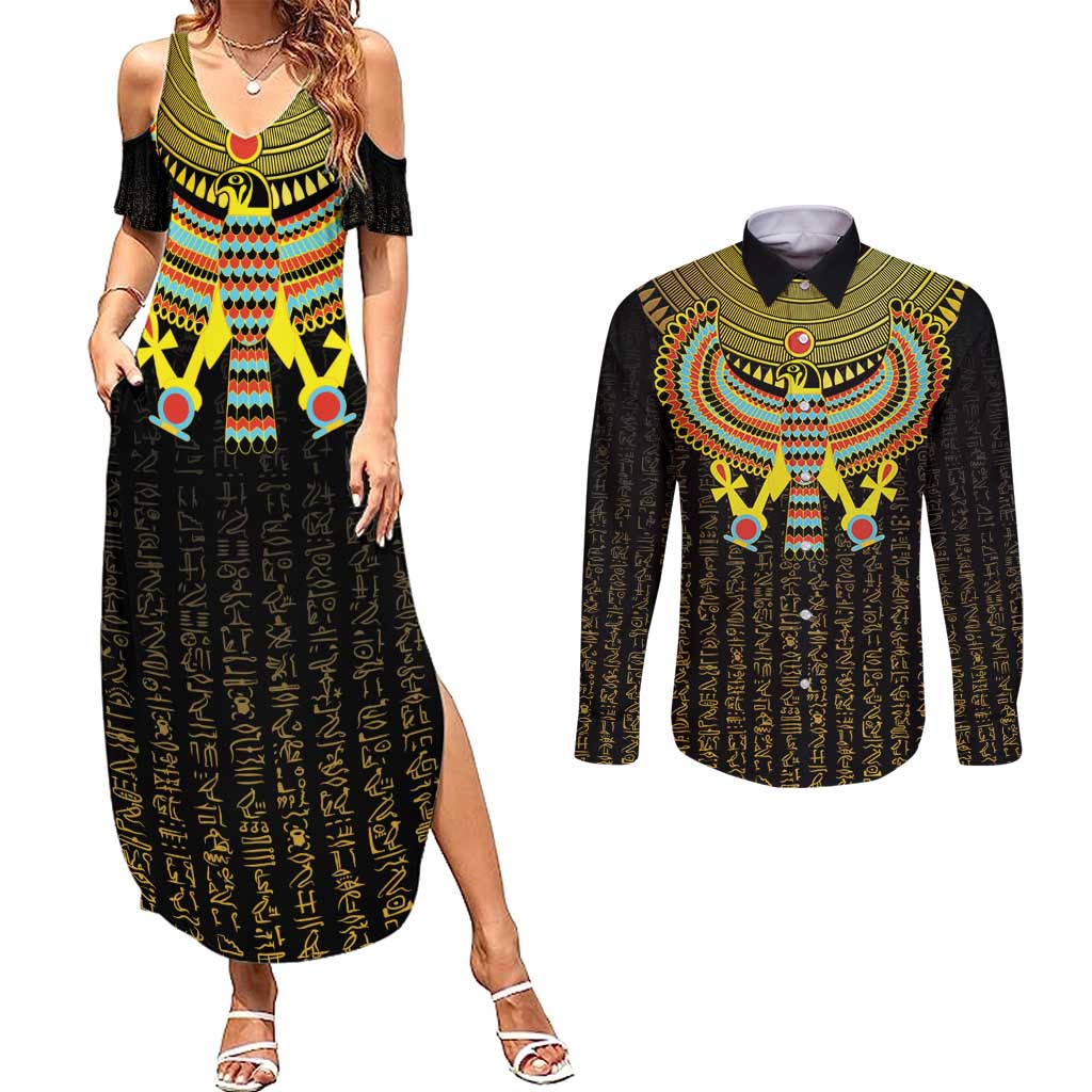 Ancient Egyptian Couples Matching Summer Maxi Dress and Long Sleeve Button Shirt Symbol of Horus The Falcon God LT9 - Wonder Print Shop