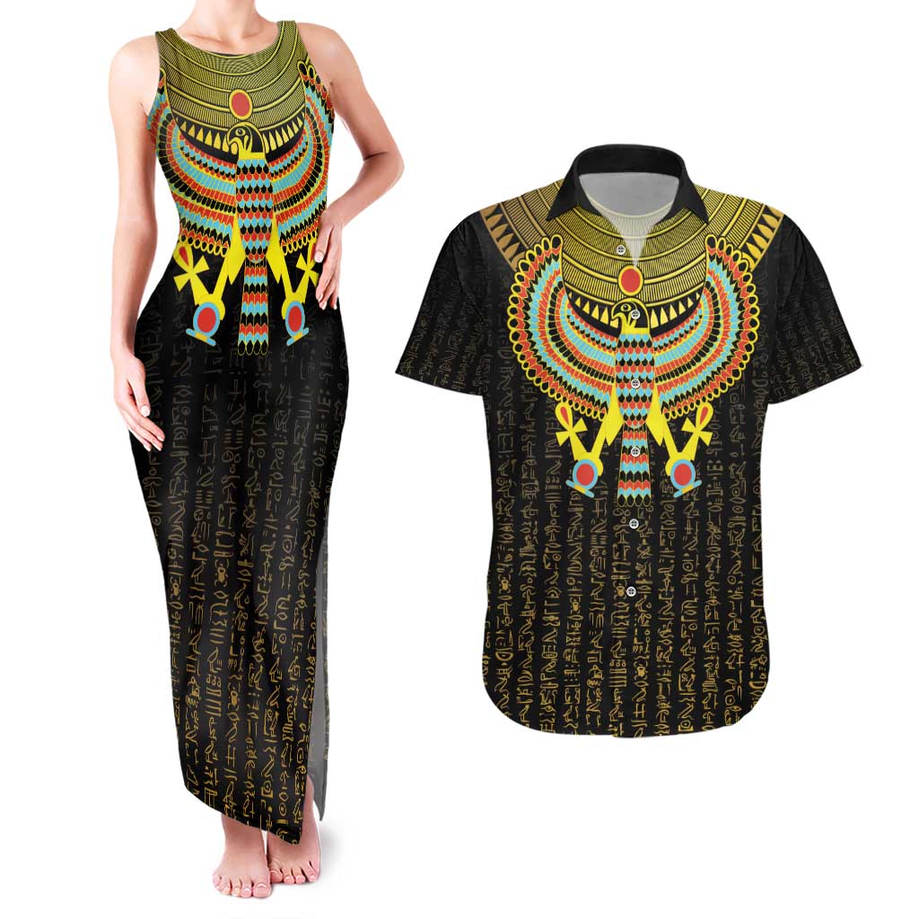 Ancient Egyptian Couples Matching Tank Maxi Dress and Hawaiian Shirt Symbol of Horus The Falcon God LT9 - Wonder Print Shop