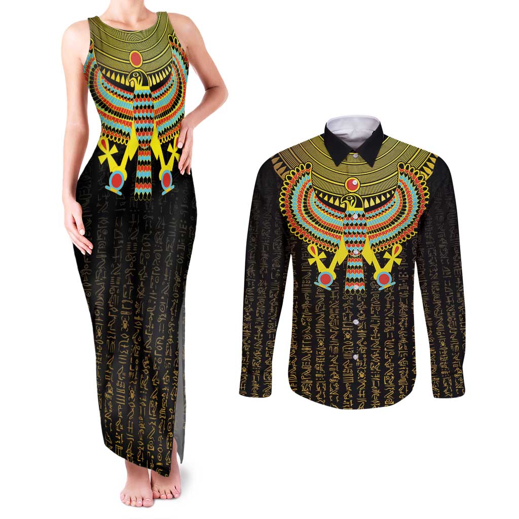 Ancient Egyptian Couples Matching Tank Maxi Dress and Long Sleeve Button Shirt Symbol of Horus The Falcon God LT9 - Wonder Print Shop