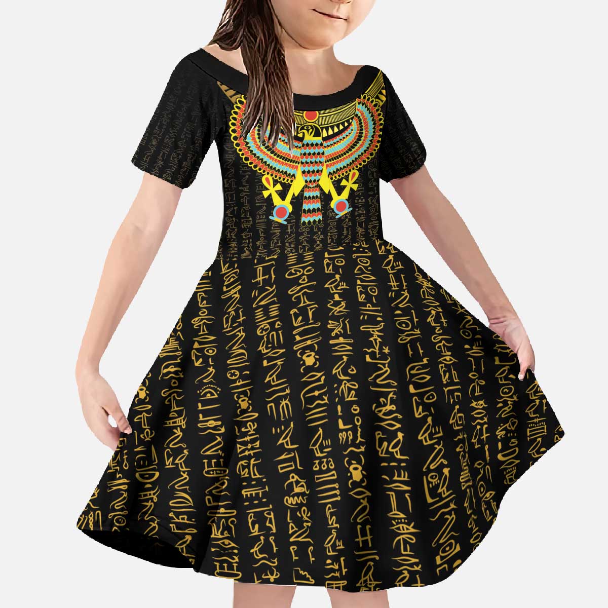 Ancient Egyptian Family Matching Off The Shoulder Long Sleeve Dress and Hawaiian Shirt Symbol of Horus The Falcon God - Wonder Print Shop