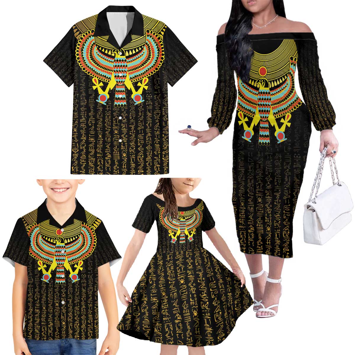 Ancient Egyptian Family Matching Off The Shoulder Long Sleeve Dress and Hawaiian Shirt Symbol of Horus The Falcon God - Wonder Print Shop