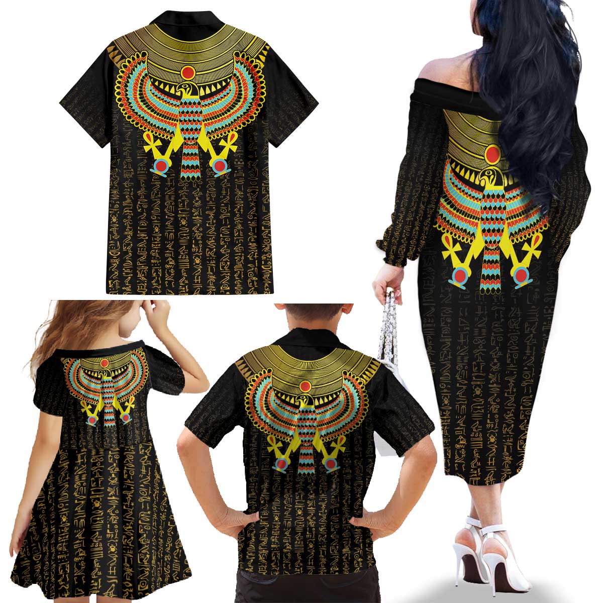 Ancient Egyptian Family Matching Off The Shoulder Long Sleeve Dress and Hawaiian Shirt Symbol of Horus The Falcon God - Wonder Print Shop