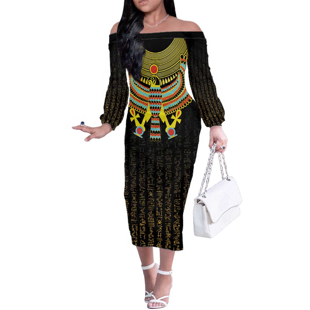 Ancient Egyptian Family Matching Off The Shoulder Long Sleeve Dress and Hawaiian Shirt Symbol of Horus The Falcon God - Wonder Print Shop