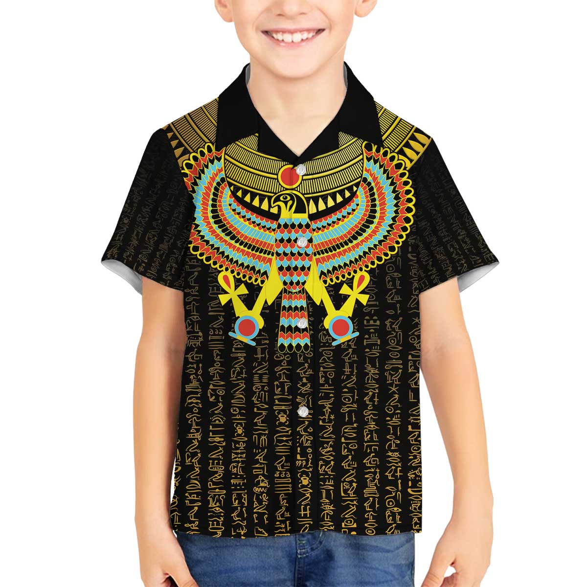 Ancient Egyptian Family Matching Off The Shoulder Long Sleeve Dress and Hawaiian Shirt Symbol of Horus The Falcon God - Wonder Print Shop