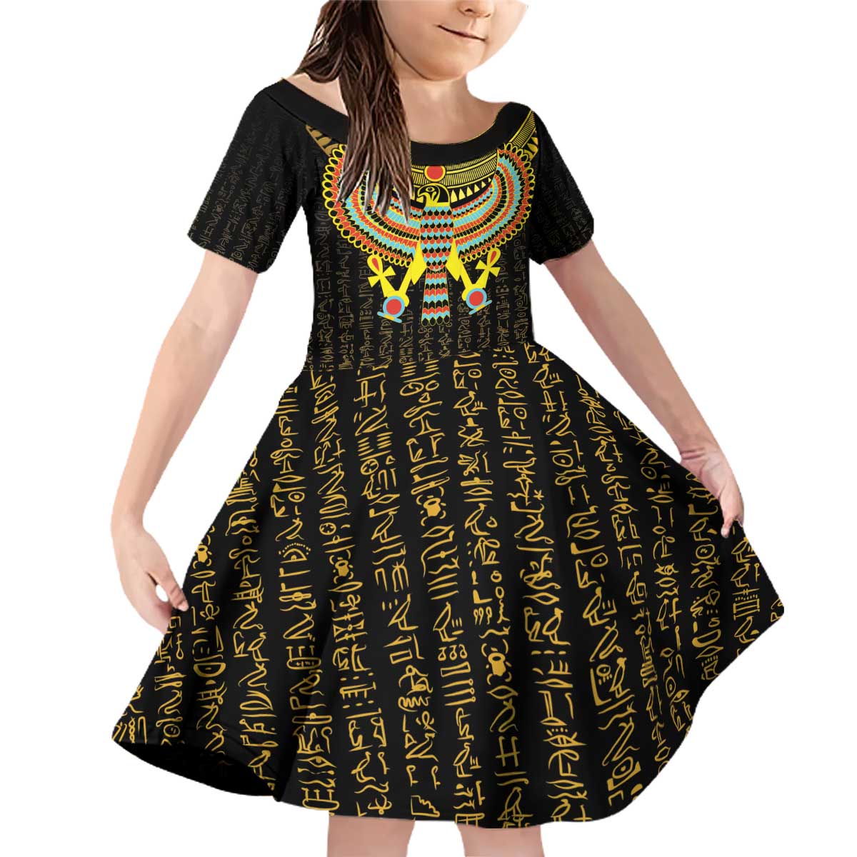 Ancient Egyptian Family Matching Off Shoulder Short Dress and Hawaiian Shirt Symbol of Horus The Falcon God LT9 - Wonder Print Shop