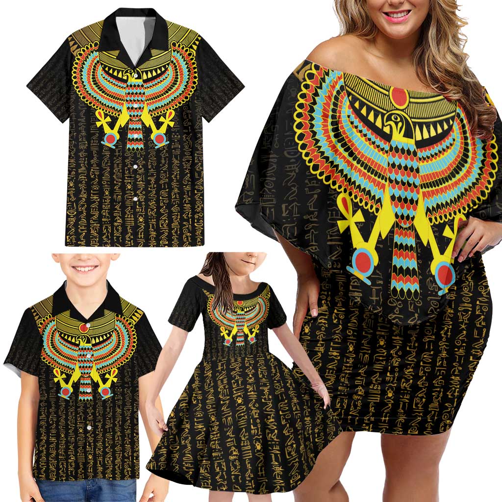 Ancient Egyptian Family Matching Off Shoulder Short Dress and Hawaiian Shirt Symbol of Horus The Falcon God LT9 - Wonder Print Shop
