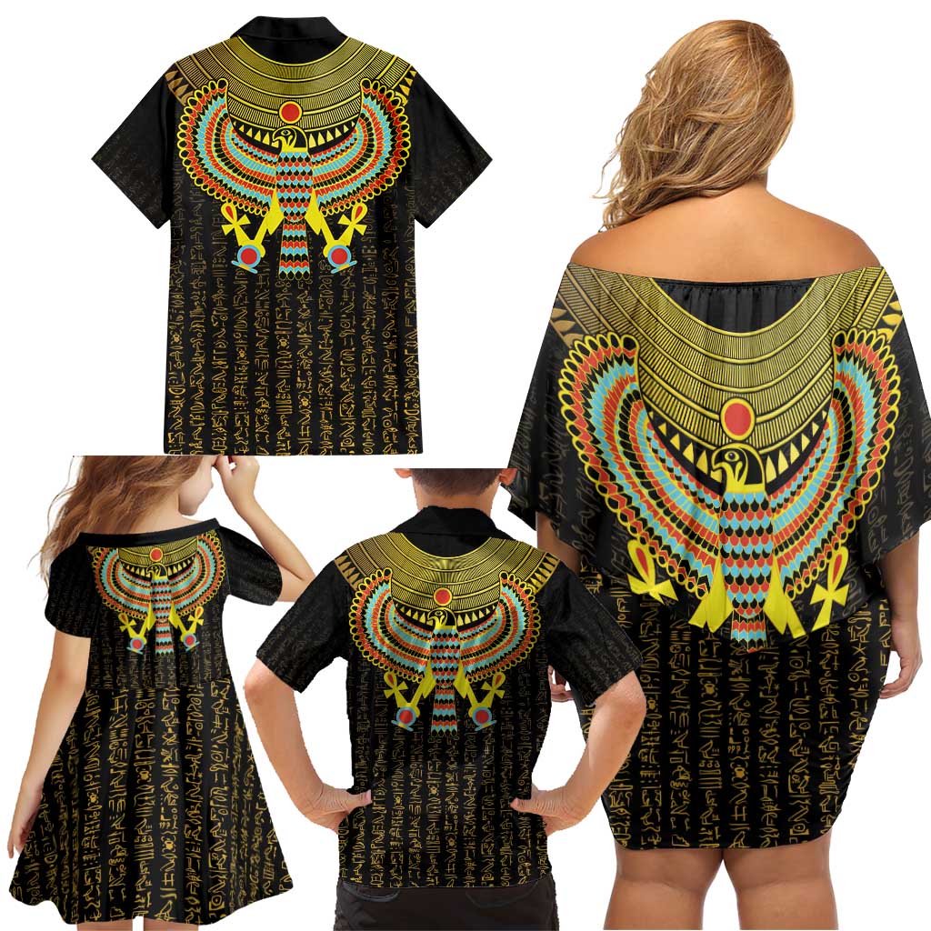 Ancient Egyptian Family Matching Off Shoulder Short Dress and Hawaiian Shirt Symbol of Horus The Falcon God LT9 - Wonder Print Shop