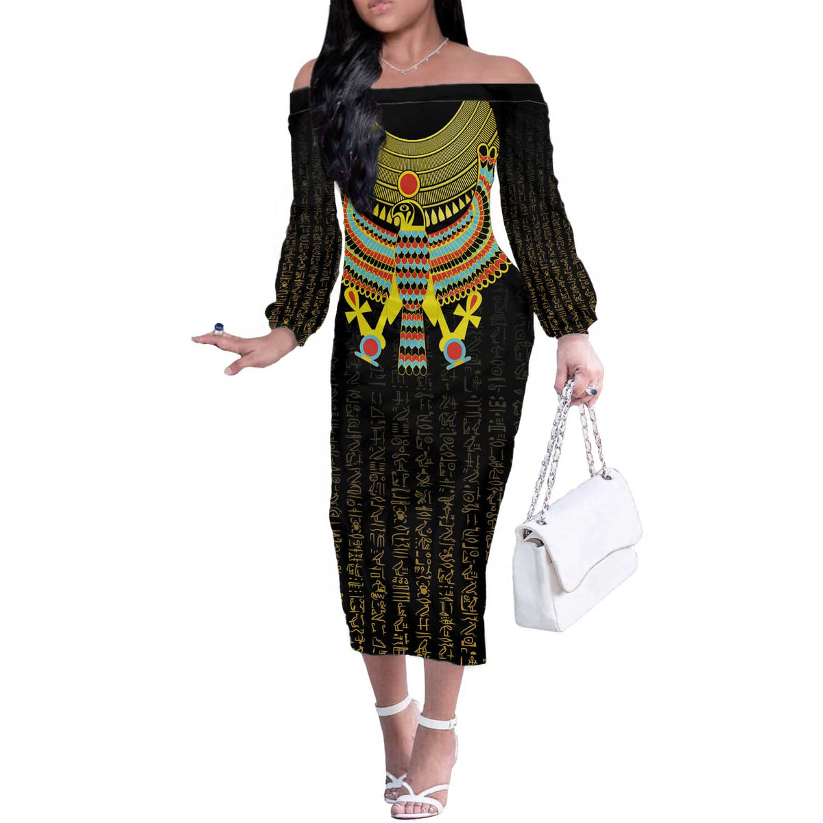 Ancient Egyptian Off The Shoulder Long Sleeve Dress Symbol of Horus The Falcon God - Wonder Print Shop