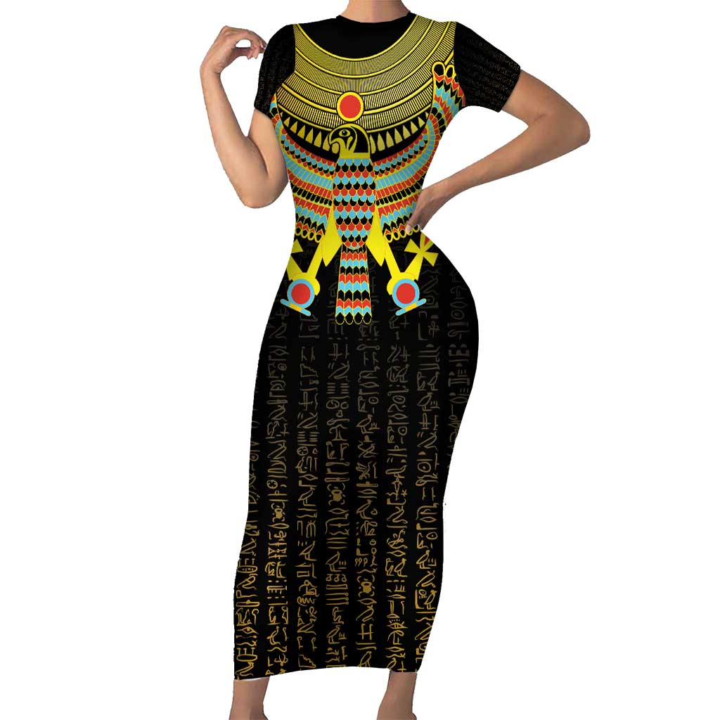 Ancient Egyptian Short Sleeve Bodycon Dress Symbol of Horus The Falcon God - Wonder Print Shop