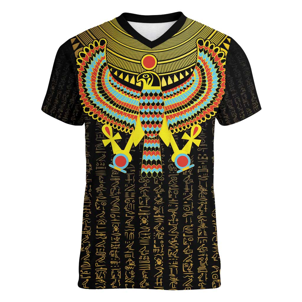 Ancient Egyptian Women V-Neck T-Shirt Symbol of Horus The Falcon God - Wonder Print Shop