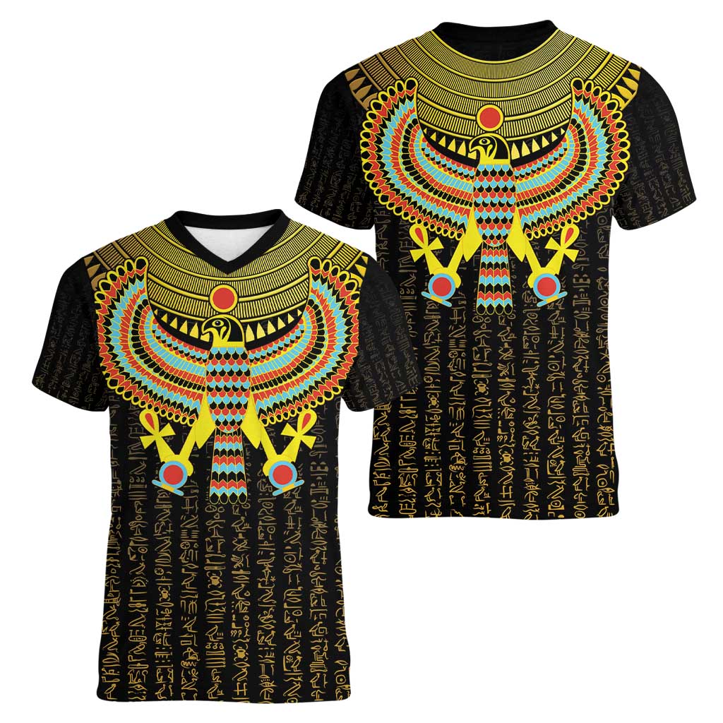 Ancient Egyptian Women V-Neck T-Shirt Symbol of Horus The Falcon God - Wonder Print Shop