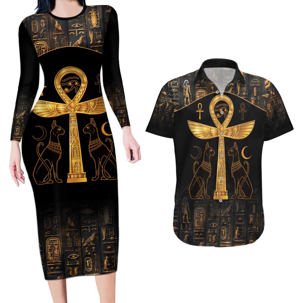 Ankh with Eye of Horus Couples Matching Long Sleeve Bodycon Dress and Hawaiian Shirt Ancient Egypt Culture LT9 - Wonder Print Shop