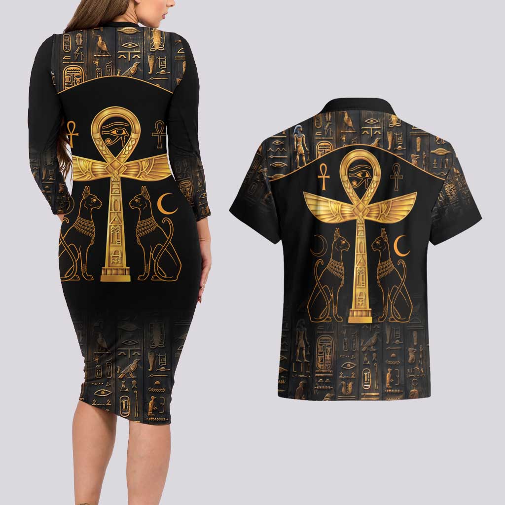 Ankh with Eye of Horus Couples Matching Long Sleeve Bodycon Dress and Hawaiian Shirt Ancient Egypt Culture LT9 - Wonder Print Shop