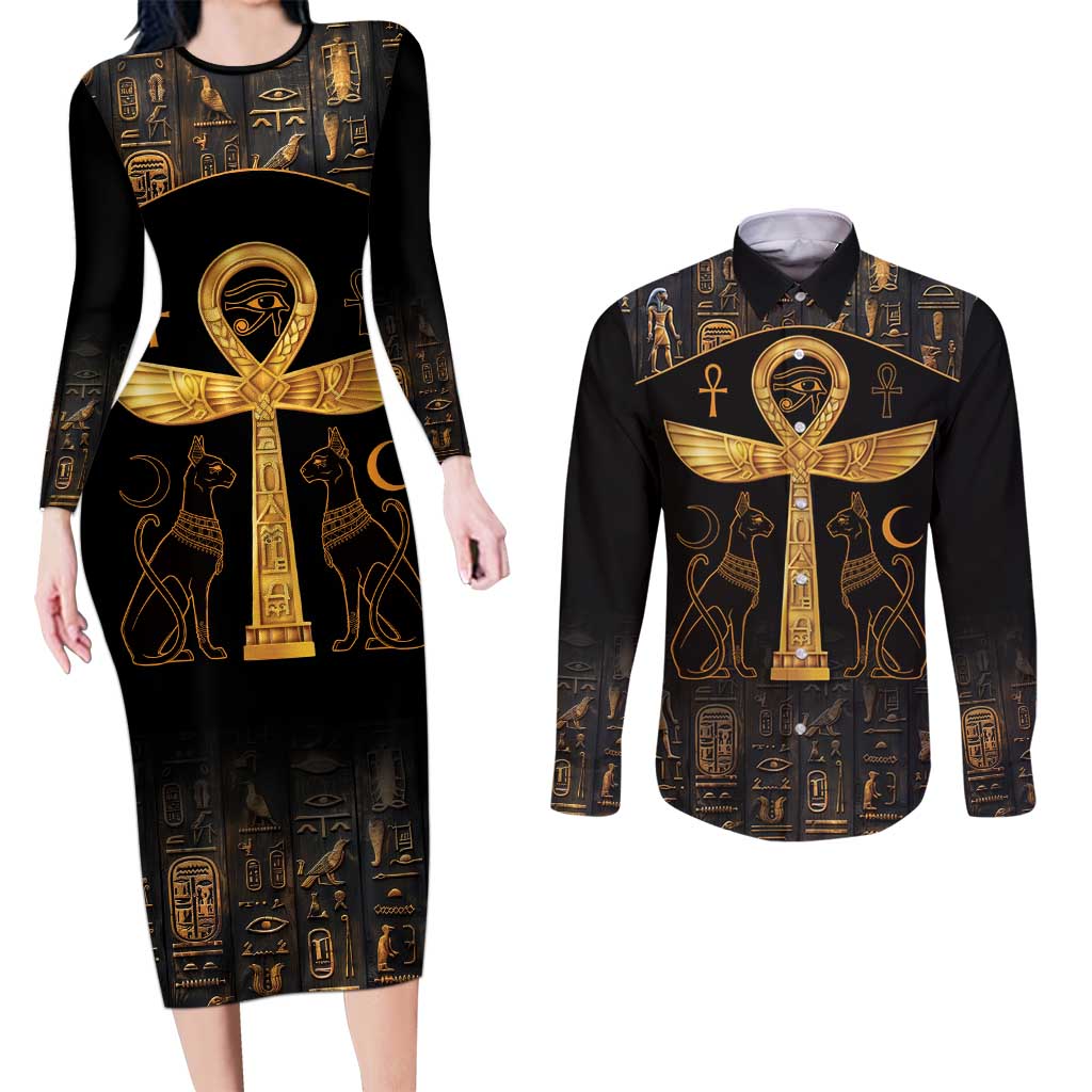 Ankh with Eye of Horus Couples Matching Long Sleeve Bodycon Dress and Long Sleeve Button Shirt Ancient Egypt Culture LT9 - Wonder Print Shop