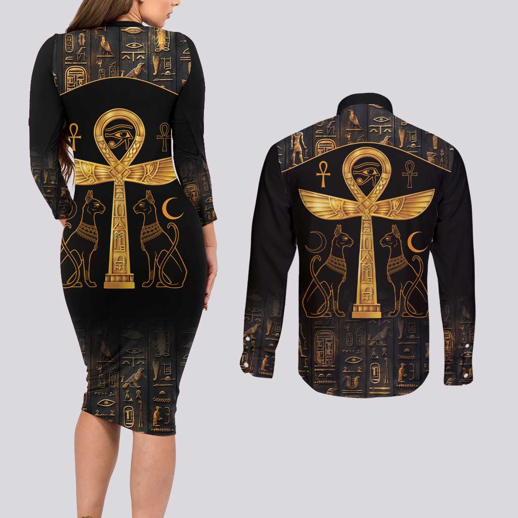 Ankh with Eye of Horus Couples Matching Long Sleeve Bodycon Dress and Long Sleeve Button Shirt Ancient Egypt Culture LT9 - Wonder Print Shop