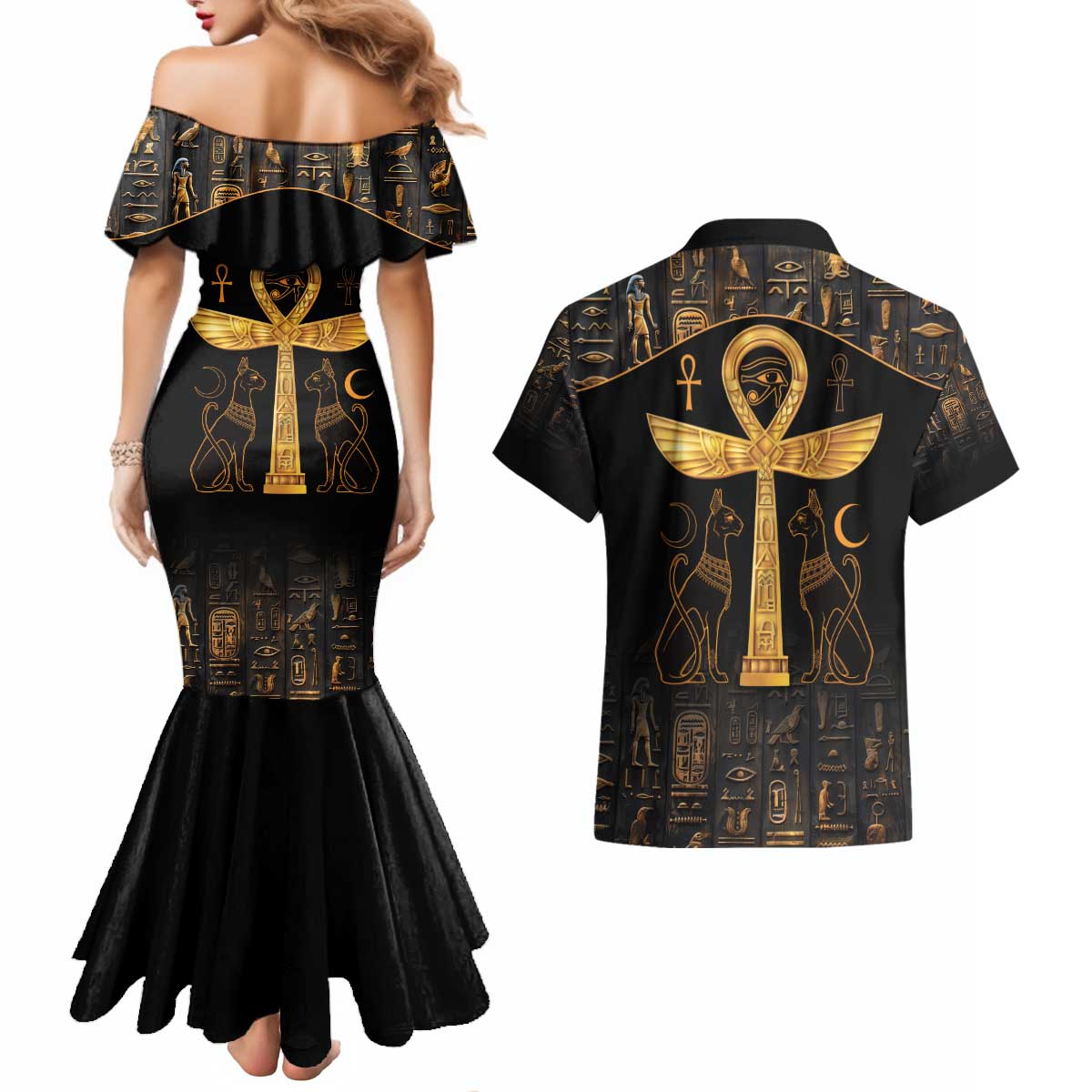 Ankh with Eye of Horus Couples Matching Mermaid Dress and Hawaiian Shirt Ancient Egypt Culture LT9 - Wonder Print Shop