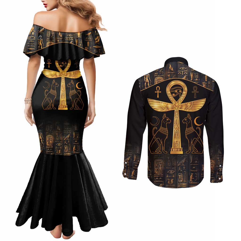 Ankh with Eye of Horus Couples Matching Mermaid Dress and Long Sleeve Button Shirt Ancient Egypt Culture