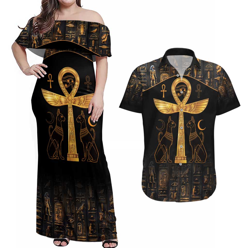 Ankh with Eye of Horus Couples Matching Off Shoulder Maxi Dress and Hawaiian Shirt Ancient Egypt Culture LT9 - Wonder Print Shop