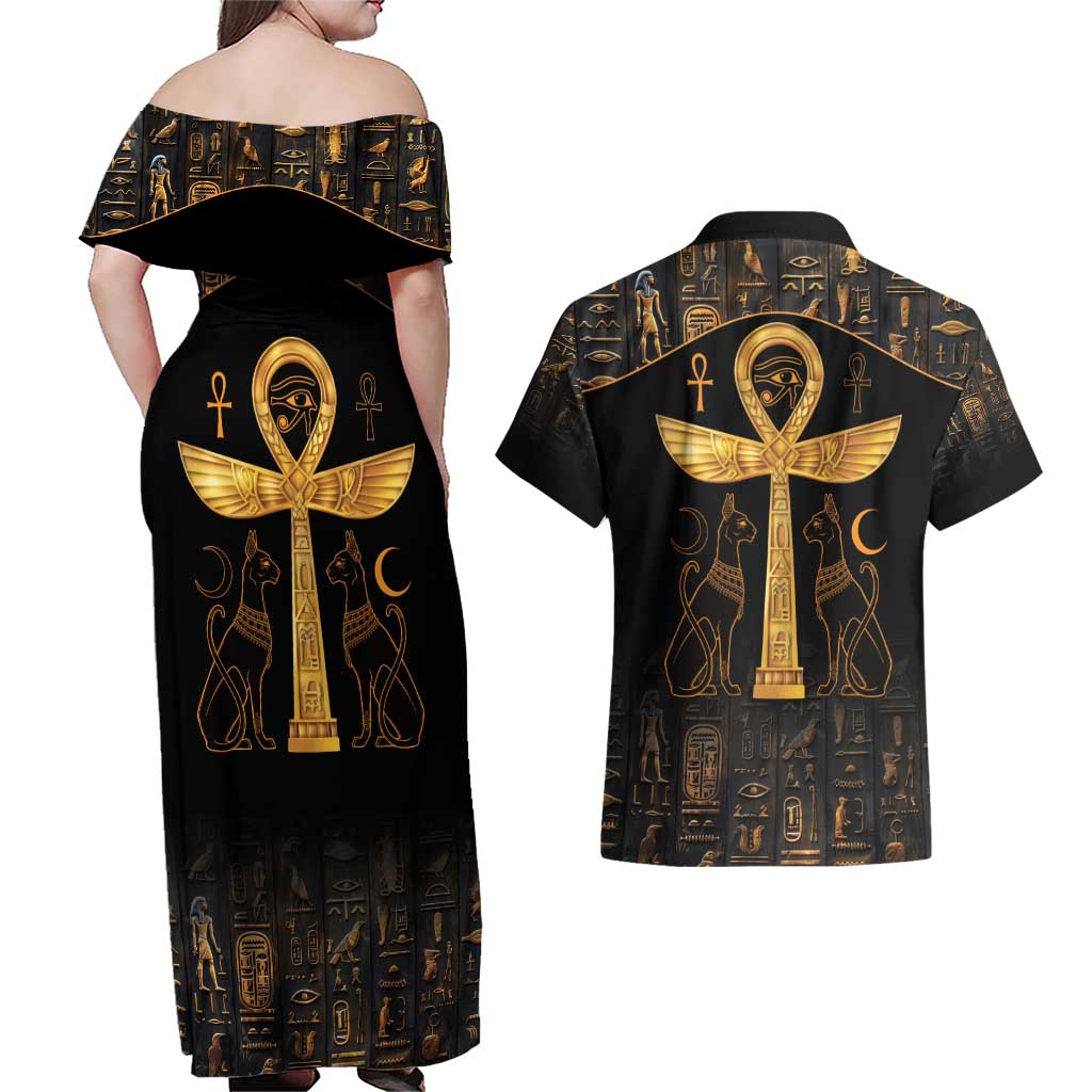 Ankh with Eye of Horus Couples Matching Off Shoulder Maxi Dress and Hawaiian Shirt Ancient Egypt Culture LT9 - Wonder Print Shop