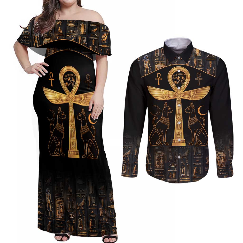 Ankh with Eye of Horus Couples Matching Off Shoulder Maxi Dress and Long Sleeve Button Shirt Ancient Egypt Culture LT9 - Wonder Print Shop